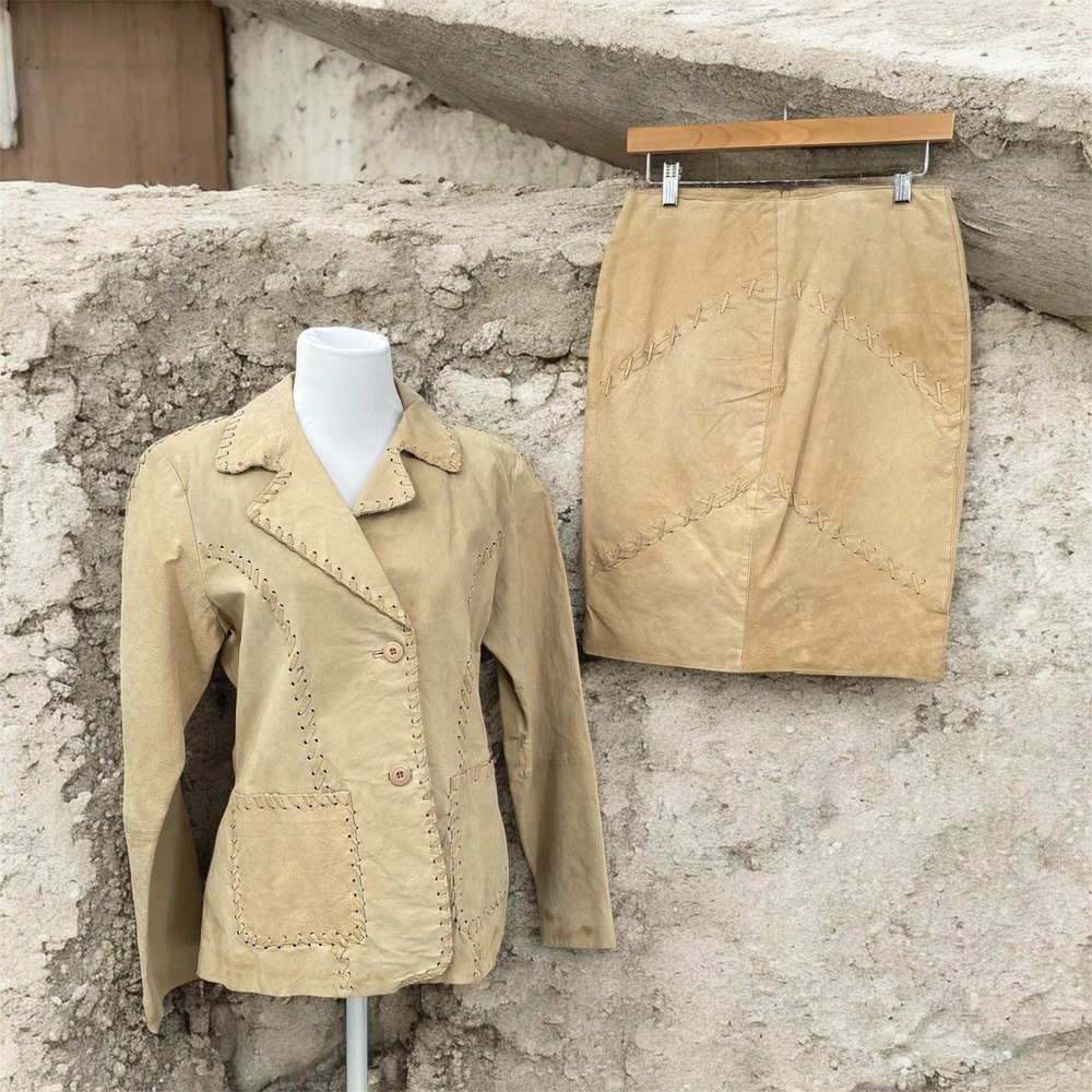 Y2K Rave Vintage Tan Suede Leather Whipstitch Skirt Jacket Set Blazer Size L 9